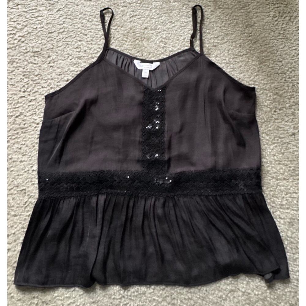 Lauren Conrad LC Black Sheer Sequin Lace Peplum Cami Tank Top Womens Medium